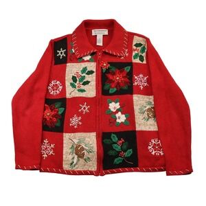 Tiara International Womens M Sweater Red Patchwork Christmas Embroidered Zip Up
